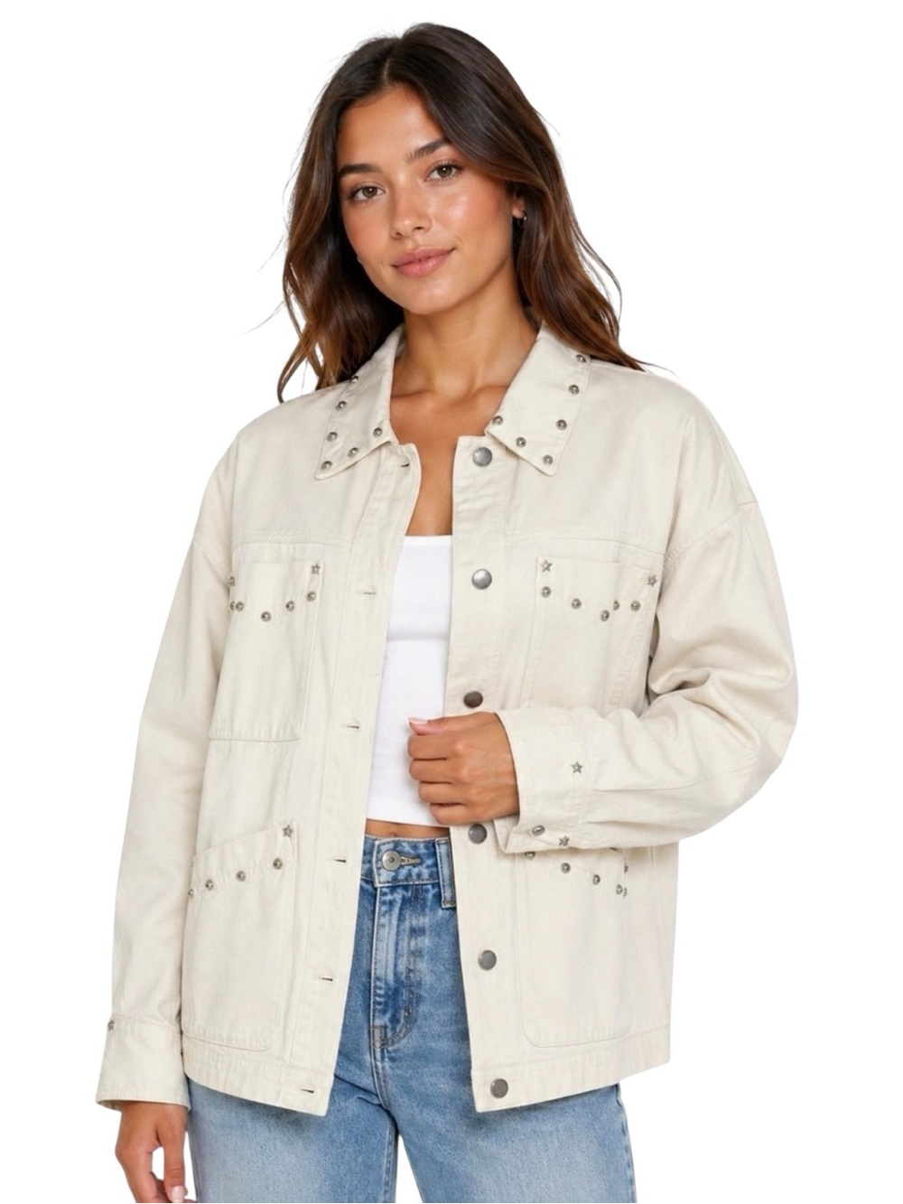 Universal Thread Studded Chore White Denim Jacket Sz XXL NWT